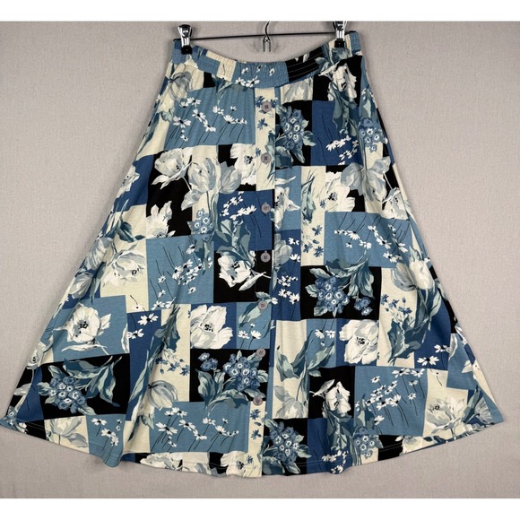 Designers Sport Originals Dresses & Skirts - Vintage Patchwork Button Down Skirt Womens L Blue Floral Modest Stretch USA